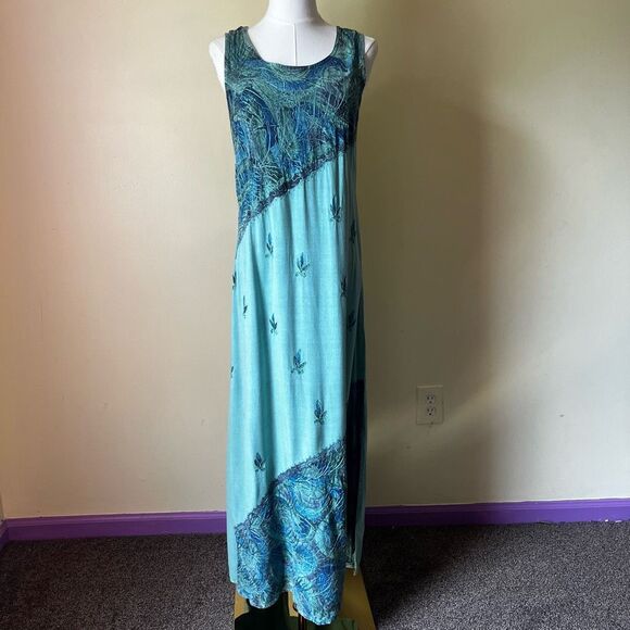 90s Y2K Ocean Blue Embroidered‎ Tank Maxi Dress Boho Hippie Small - Picture 1 of 10